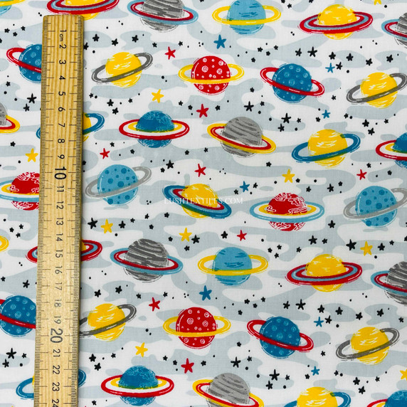 Solar System, Planets Galaxy Polycotton dress making crafts quilting dolls house Fabric, Grey