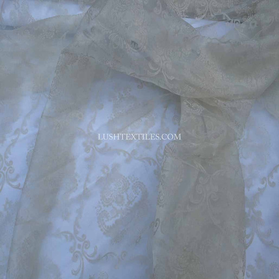 Damask Velvet Flock Organza Net Voile Fabric, Cream