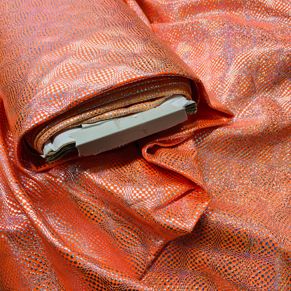 Silver Hologram Foil Print Lycra Dress Fabric, Orange