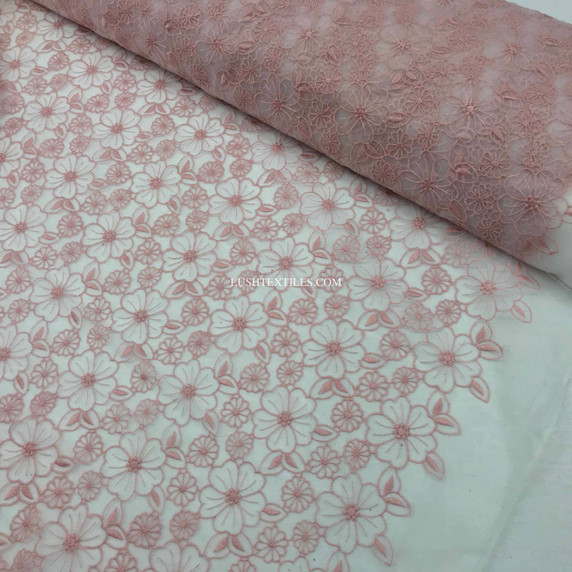 Prestige Dusky Pink Floral Guipure Organza Lace, White