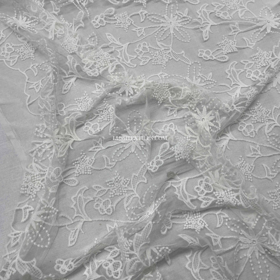 Prestige Embroidery Net Lace Liberty Floral Flower Fabric, Cream