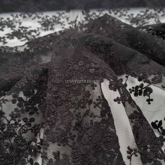 Prestige Blossom Floral Embroidery Net Lace Fabric, Black