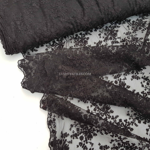 Prestige Blossom Floral Embroidery Net Lace Fabric, Black