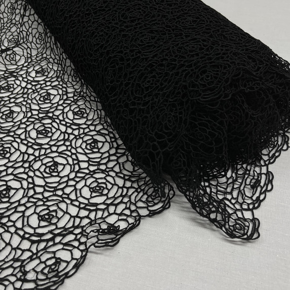 All Over Rose Guipure French Venice Lace Fabric, Black