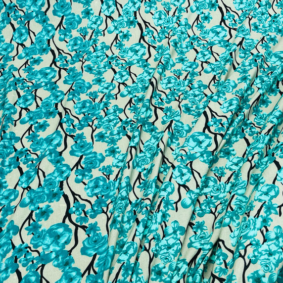 Teal Green Floral Print 100% Viscose Dress Fabric, Grey Teal Green Floral Print 100% Viscose Dress Fabric, Grey