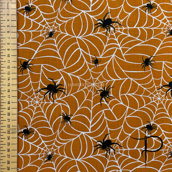 Cobwebs & Spiders Halloween Polycotton Dress Fabric, Orange