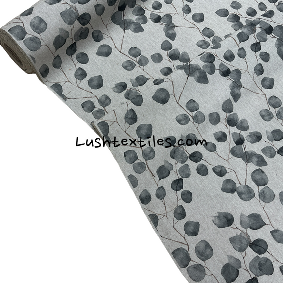 Eucalyptus Money Leaves Cotton Linen Upholstery Fabric, Grey