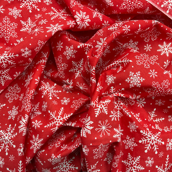 20m Snowflakes Christmas Print Polycotton Fabric, Red