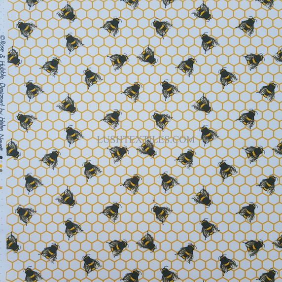 10m Honeycomb Bees Rose & Hubble Cotton Poplin Fabric, Ivory