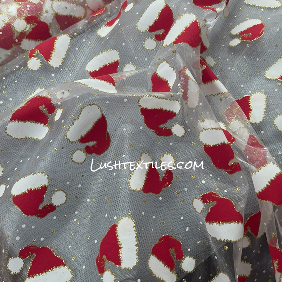 Christmas Glitter Organza Voile Fabric, Santa Hats
