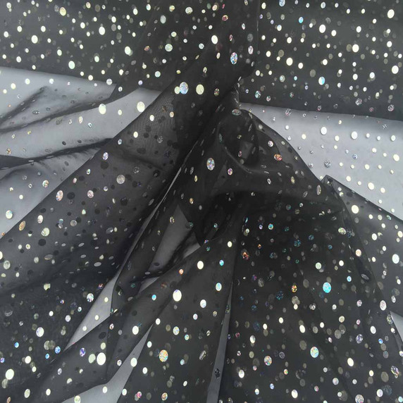 20m Hologram Spot Organza Voile Fabric, Black