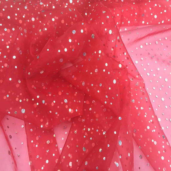 20m Hologram Spot Organza Voile Fabric, Red