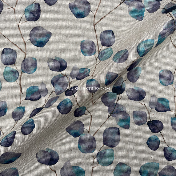 Eucalyptus Money Leaf Cotton Linen Upholstery Fabric, Midnight