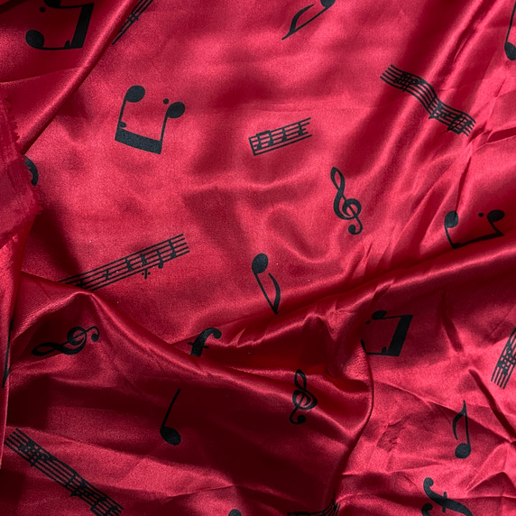 Musical Notes Print Silky Satin Dress Fabric, Wine/Red