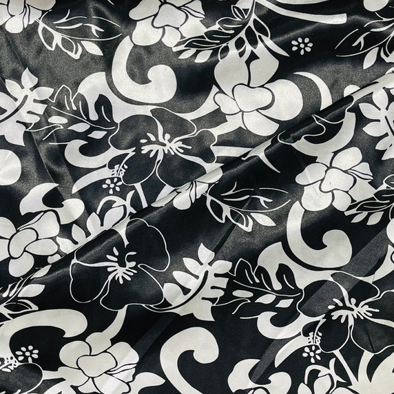 Black & White Abstract Floral Flowers Printed Satin, Black