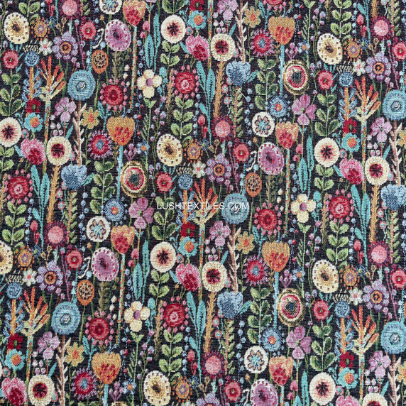 Flower Garden Upholstery Tapestry Fabric, Black