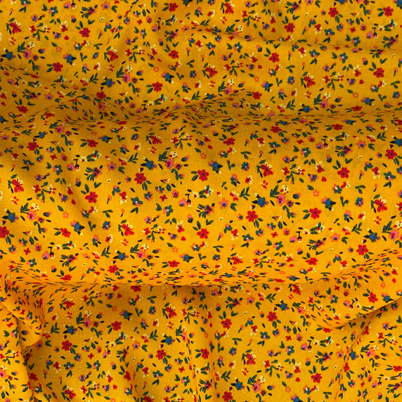 Printed Tiny Daisy Floral 100% Viscose Challis Dress Fabric, Mustard