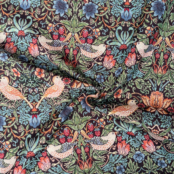 Strawberry Thief William Morris Birds Tapestry Fabric Upholstery Curtains - Black