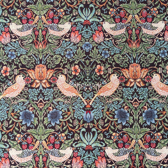 Strawberry Thief William Morris Birds Tapestry Fabric Upholstery Curtains - Black