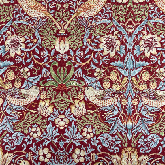 Strawberry Thief William Morris Birds Tapestry Fabric Upholstery Curtains - Wine