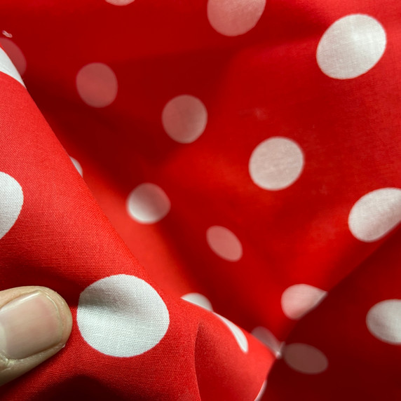 White Polka Dot Spots Printed Polycotton Fabric, Red