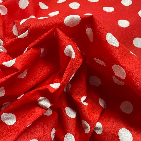 White Polka Dot Spots Printed Polycotton Fabric, Red