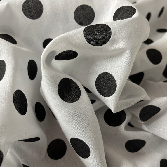 Black Polka Dot Spots Printed Polycotton Fabric, White