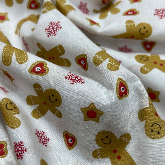 XMAS Gingerbread Man & Snowflakes Christmas Polycotton Fabric, White