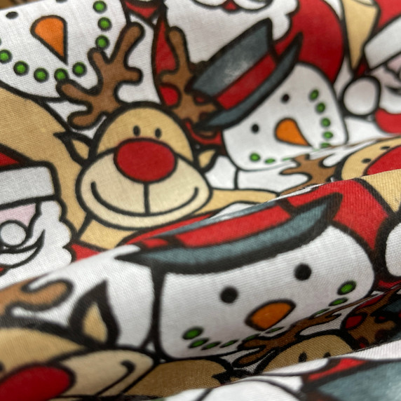 Xmas Santa, Rudolph & Snowman Christmas PolyCotton Fabric