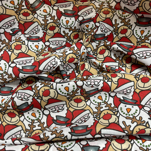 Xmas Santa, Rudolph & Snowman Christmas PolyCotton Fabric