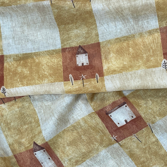 Houses Print Cotton Muslin Fabric, Beige