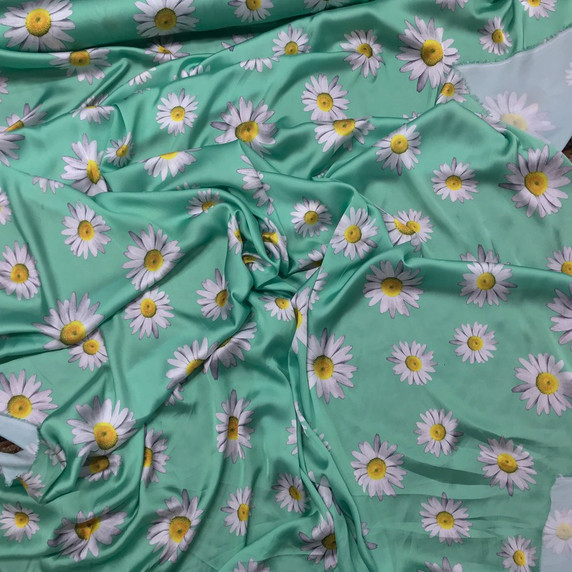 Sunflowers Silky Satin Fabric Designer Print Dress 60", Mint