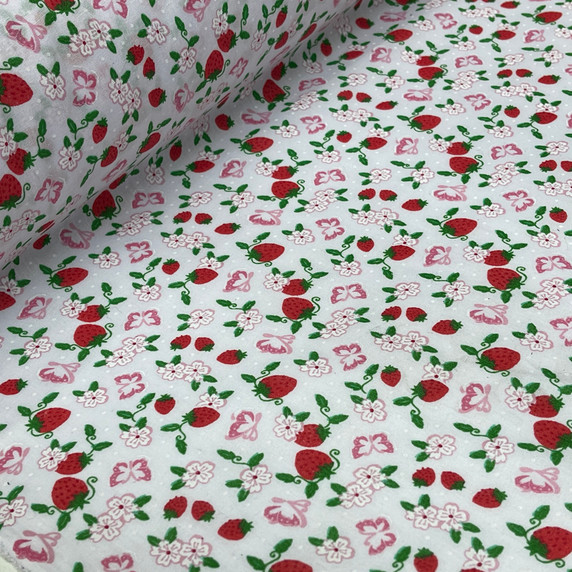 Red Strawberries & Butterfly Floral Polycotton Dress Fabric, White