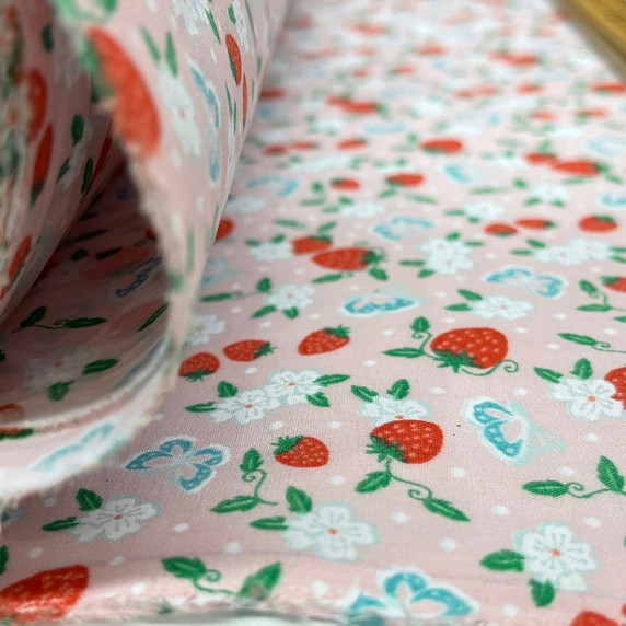 Red Strawberries & Butterfly Floral Polycotton Dress Fabric, Pink