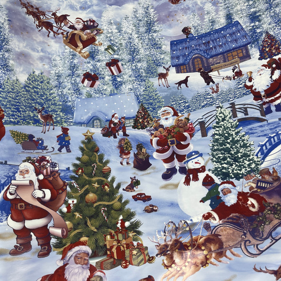 Santa PVC Snow Scene Christmas Print Tablecloth Fabric, Blue