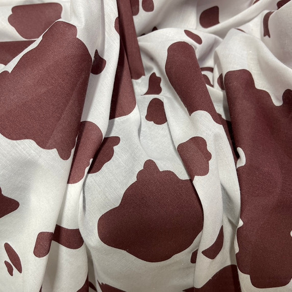 Brown Cow Spots Printed Polycotton Fabric, White