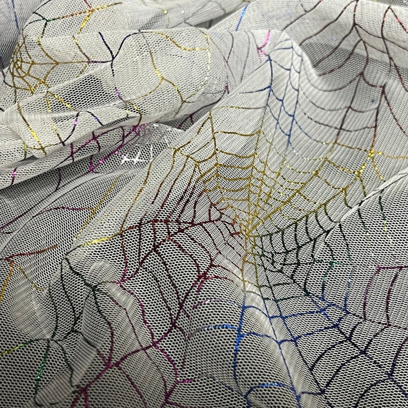Halloween Tulle Net Multicoloured Cobwebs Dress Fabric 60", White