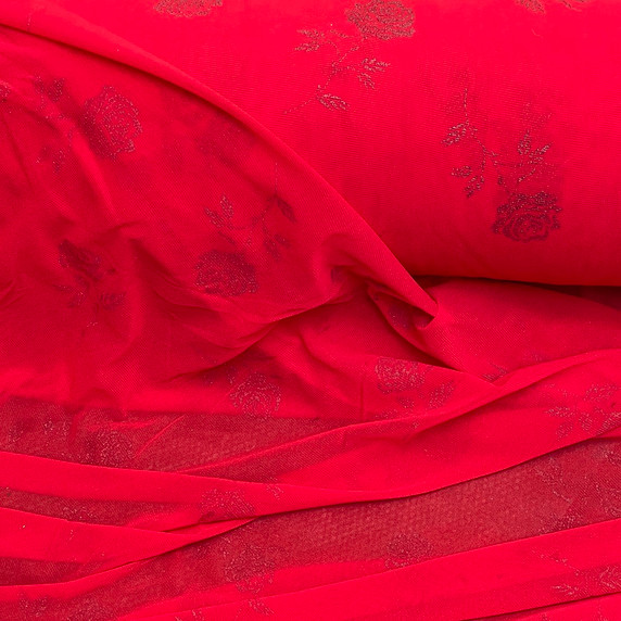 Metallic Roses Soft Nylon Jersey Stretch Net Skirt Nylon Dress Net Tulle Fabric, Red