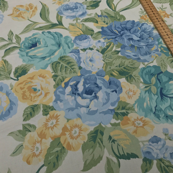 Harlequin Designer Clarice Blue Floral Roses Cotton Craft Fabric, Cream