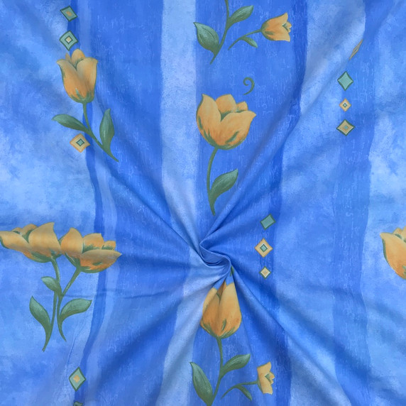 Yellow Tulips Flowers Cotton Vintage Fabric, Blue