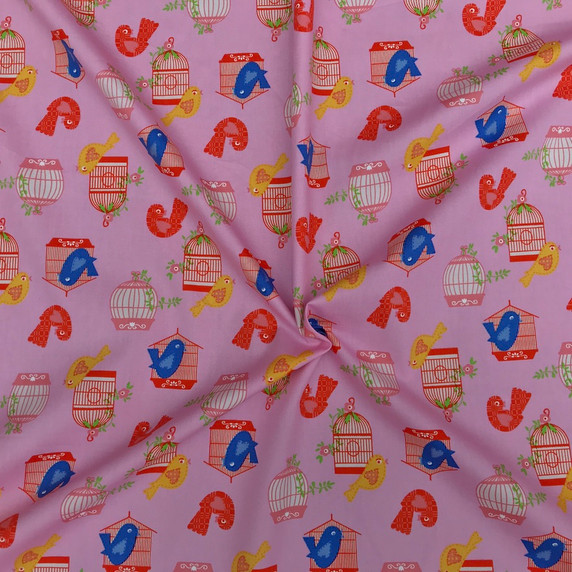 Birds And Cages Cotton Poplin Dress Craft Fabric, Pink