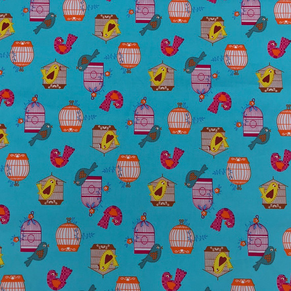 Birds And Cages Cotton Poplin Dress Craft Fabric, Turquoise