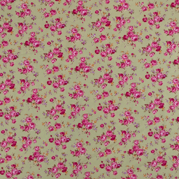 Vintage Pink Roses Cotton Poplin Dress Craft Fabric, Green