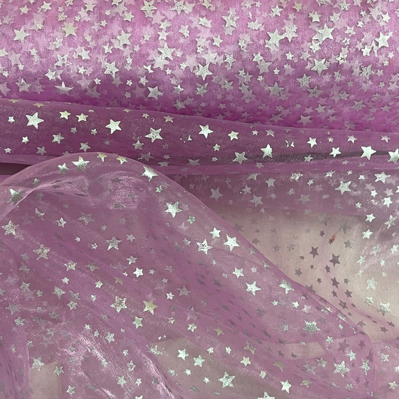 Silver Metallic Stars Organza Fabric, Pink