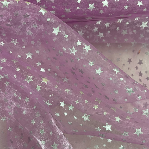 Silver Metallic Stars Organza Fabric, Pink