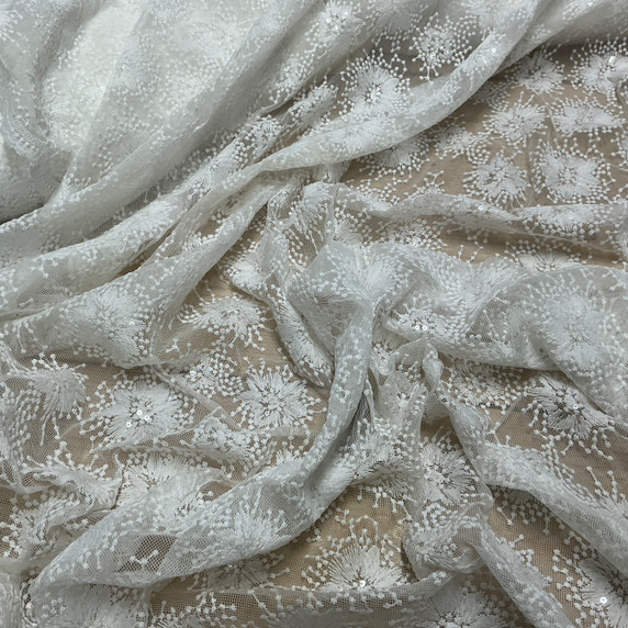 Floral Flowers Sequins Lace Embroidery Net Fabric Dress Bridal Wedding Dress Fabric 54” Ivory/Cream Floral Flowers Sequins Lace Embroidery Net Fabric Dress Bridal Wedding Dress Fabric 54” Ivory/Cream