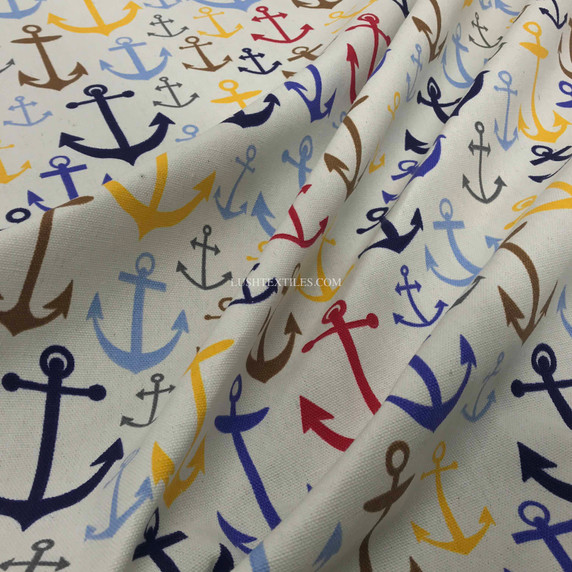 Nautical Sailors Anchors Upholstery Cotton Canvas Fabric, Off White