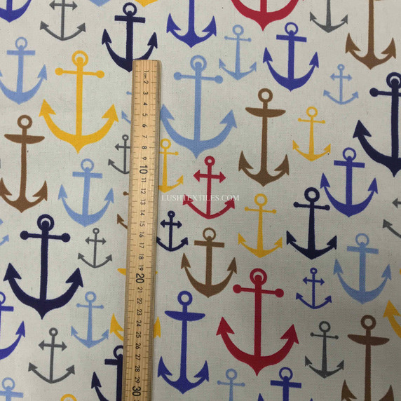 Nautical Sailors Anchors Upholstery Cotton Canvas Fabric, Off White