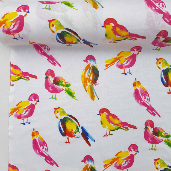 Multicoloured Birds Cotton Craft Fabric, White