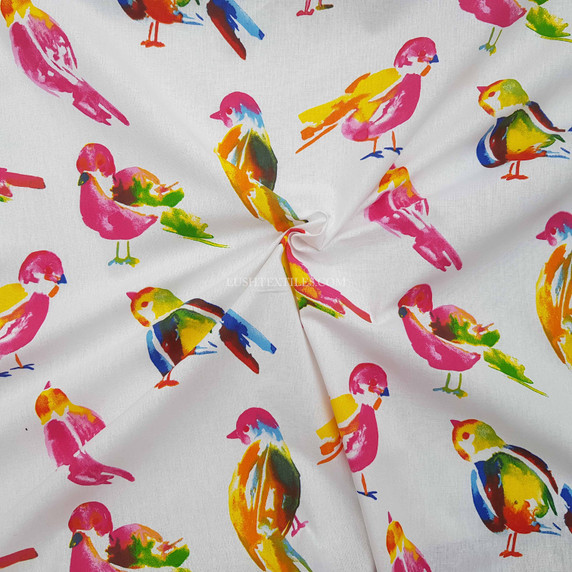 Multicoloured Birds Cotton Craft Fabric, White